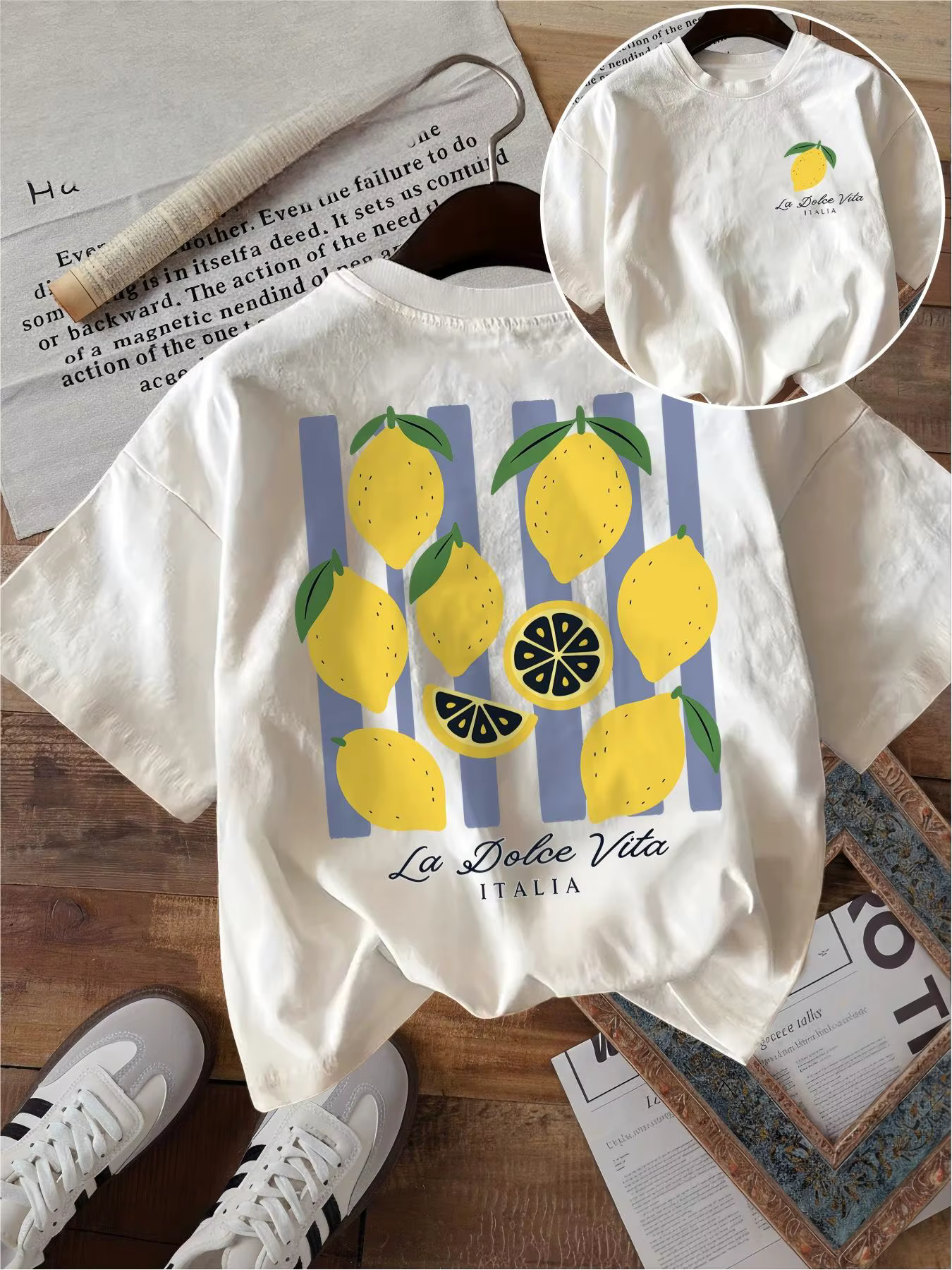 T-shirt La Dolce Vita avec motif de citron amusant, rayures violettes, style italien, unisexe, Haraj