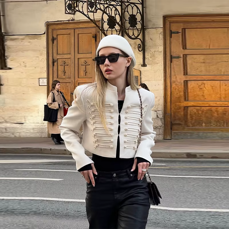Veste pour femme High Street, col rond, simple boutonnage, unie, style Napoléon, printemps 2026, nou