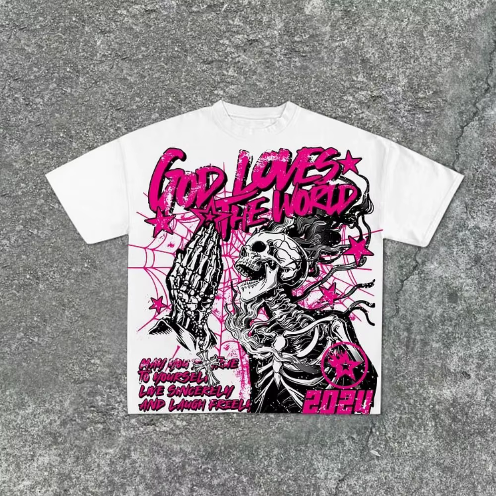 T-shirt col rond pour hommes, style à la mode, imprimé tête de mort, confortable et respirant, haut 