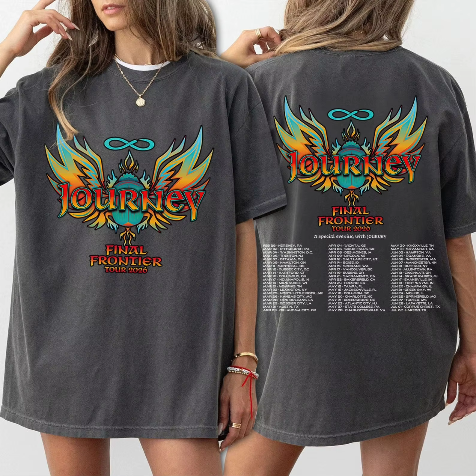 T-shirts de concert de rock rétro de la tournée 2026 « Final Frontier » du groupe Journey pour les f