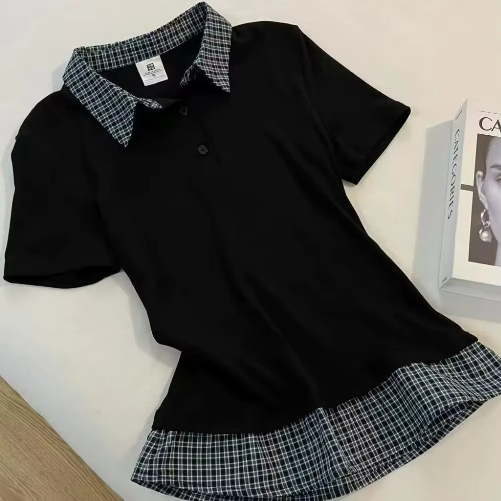 T-shirt vintage à col polo, faux deux-pièces, manches courtes, style universitaire tendance, patchwo