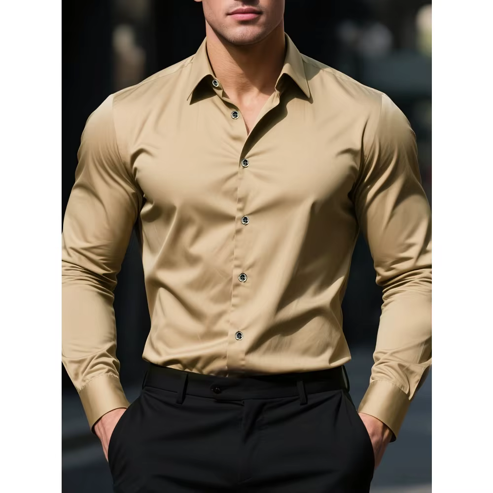 FGKKS nouveaux hommes chemise flambant neuf couleur unie à manches longues tissu élastique hommes pl