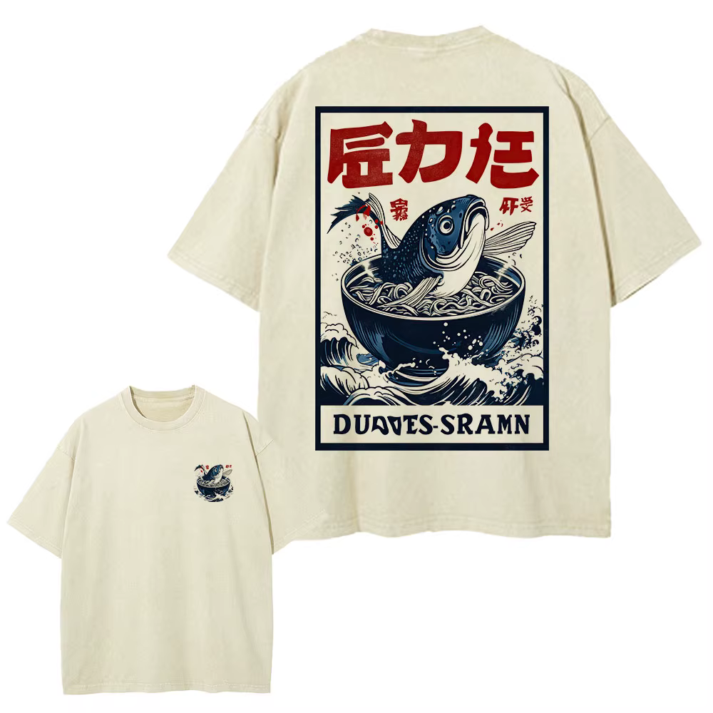 T-shirt surdimensionné en coton pour hommes, T-shirt décontracté, Affiche de menu japonais, Poisson