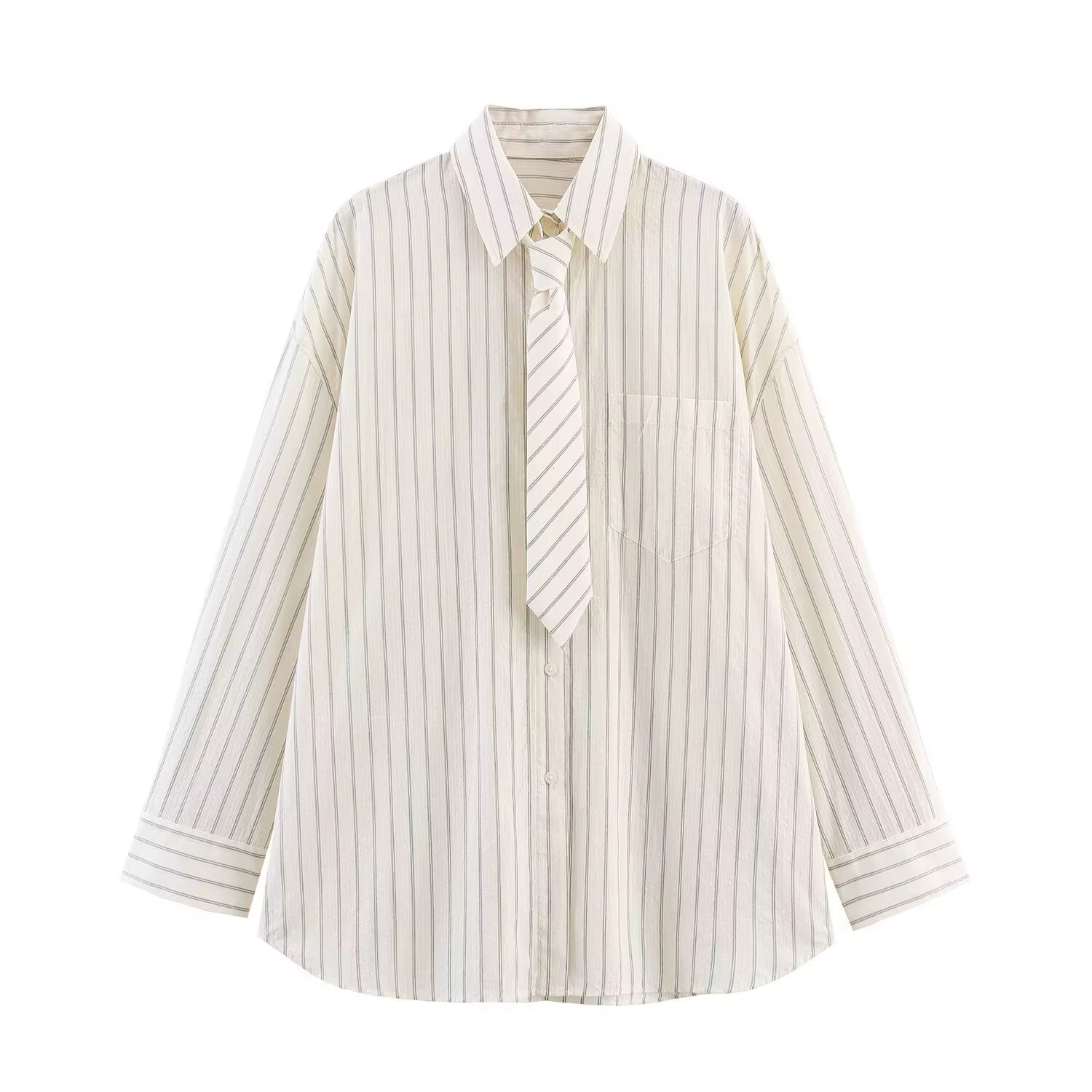 Chemise rayée à cravate pour femme, manches longues, col à revers, boutonnage simple, coupe oversize