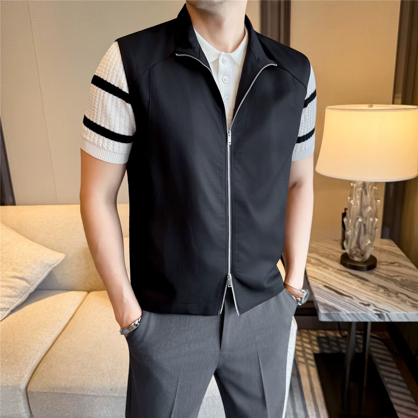 Gilet sans manches en Tencel durable pour homme - Haut léger respirant effet soie glacée avec col mo
