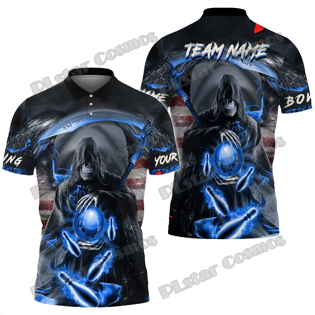 Bowling and Pins Reaper Fire Feel Pattern Polo pour homme, nom personnalisé, imprimé en 3D, décontra