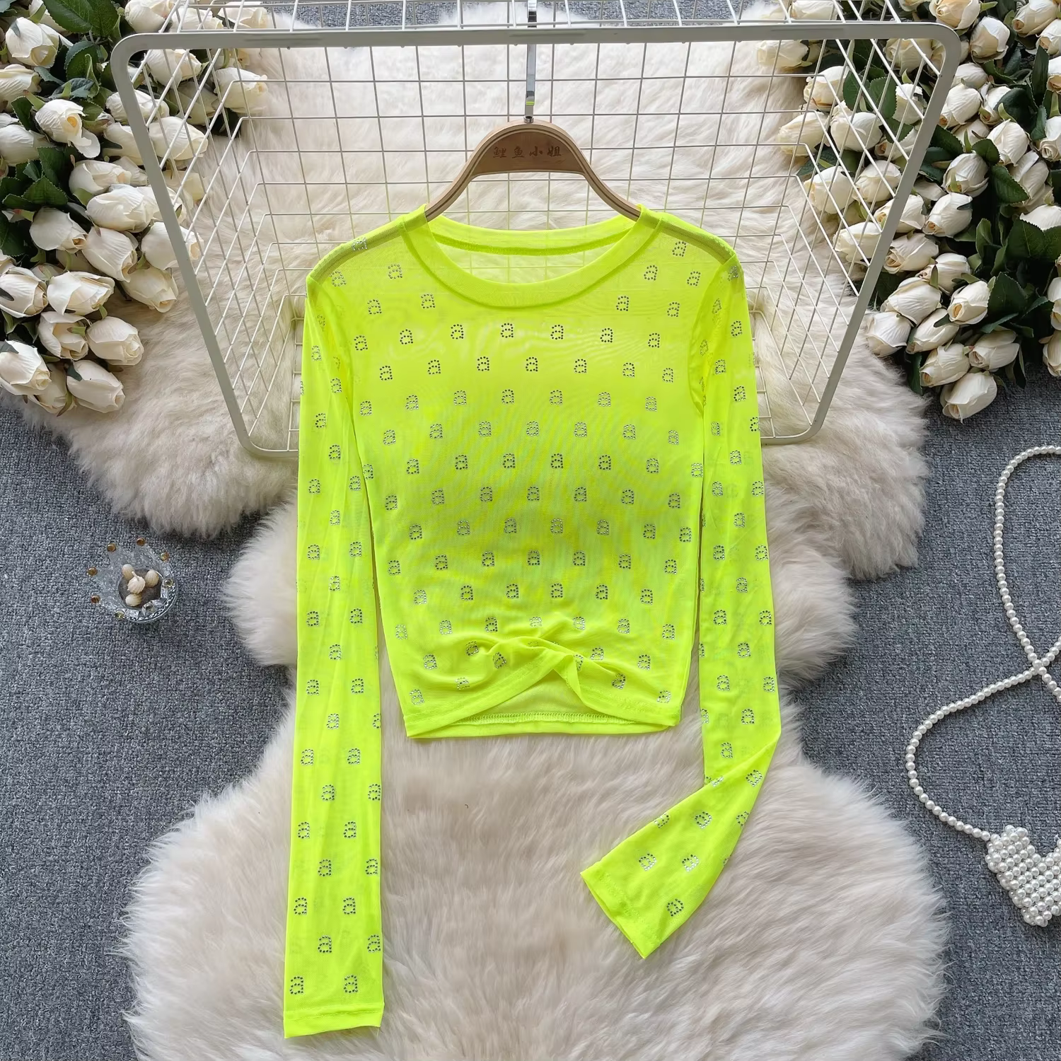 T-shirt manches longues col rond femme, chic, transparent, gaze, lettre biscuits, solide, slim, sexy