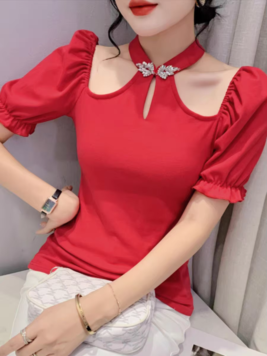 T-shirt manches courtes col licou femme, élégant, extensible, été, hors initié, chaud, doux