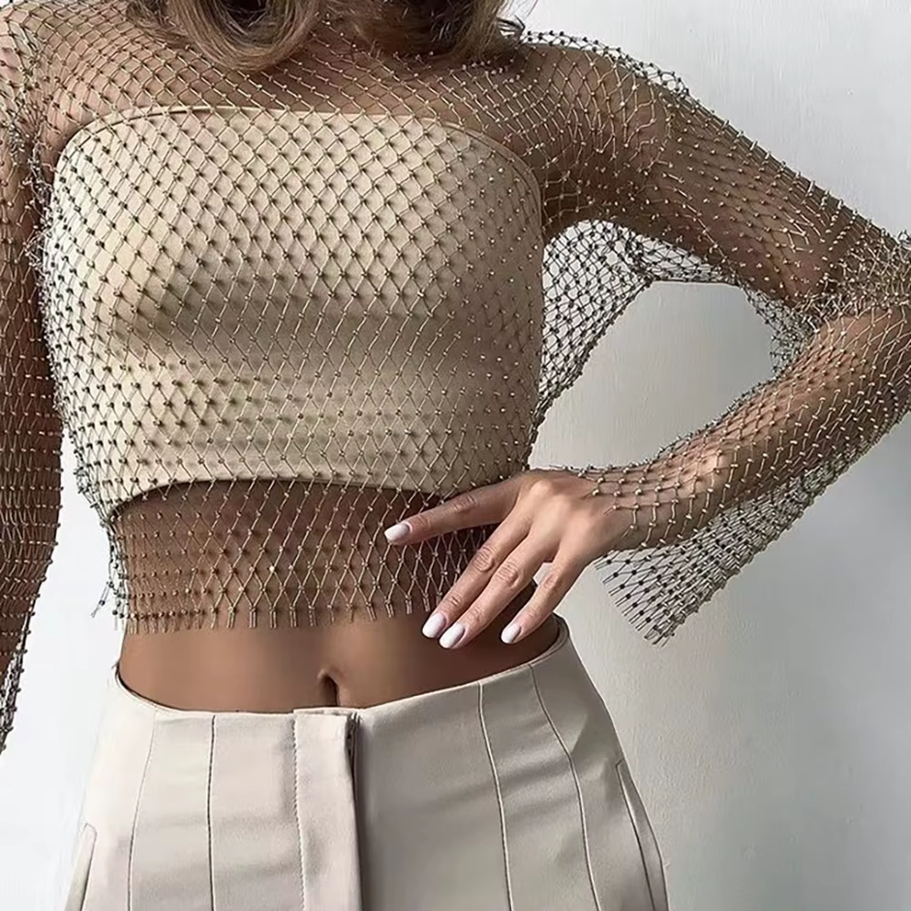 FestivalQueen femmes Sexy Bling évider résille grille t-shirt à manches longues en vrac femmes luxe
