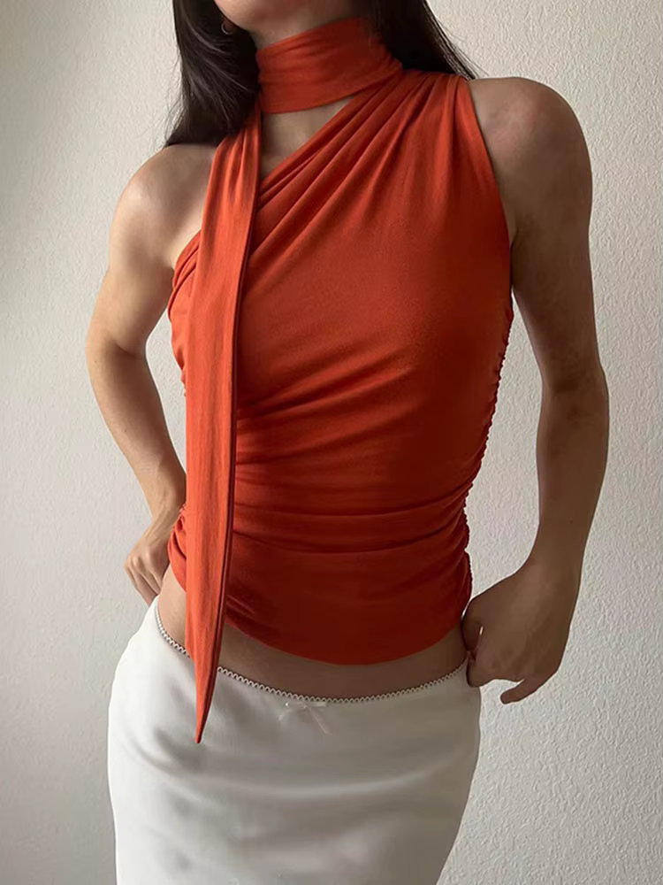 Débardeur dos nu Sexy pour femmes, épaules dénudées, col licou, Vintage, sans manches, haut court, v