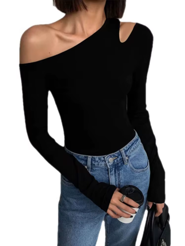 Mode col incliné épaules dénudées à manches longues T-shirts femmes printemps nouveau solide coupe a