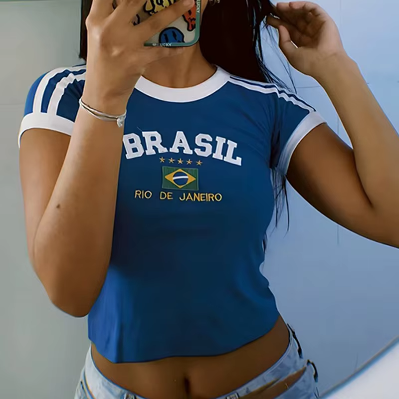 Gothique Emo Girl Crop Top Streetwear Esthétique Grunge T-shirt Vintage Femmes Bleu Brésil Lettre Im
