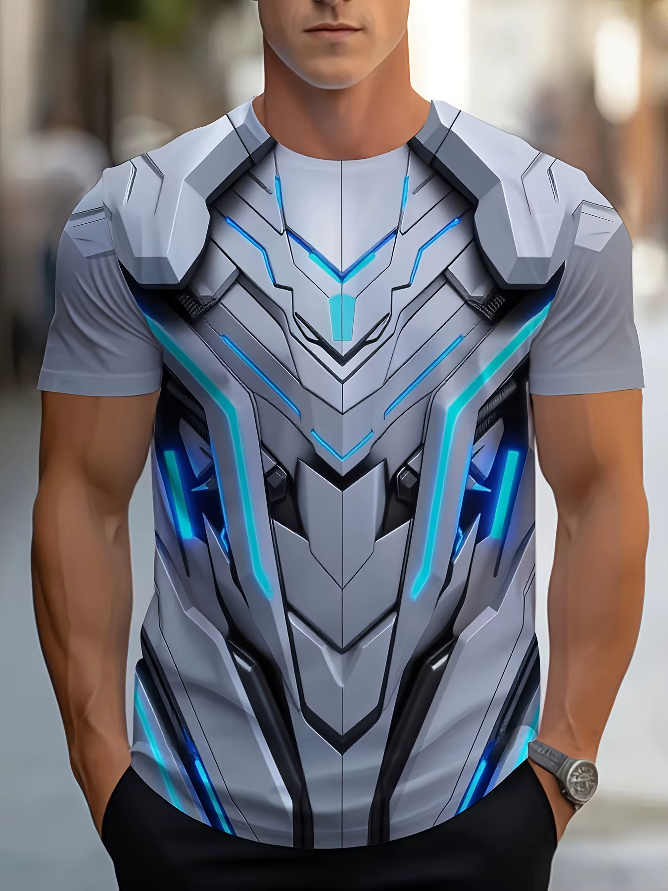 T-shirt pour hommes en plein air Techwear Trendy Armor Mech Print |   Conception de coupe décontract