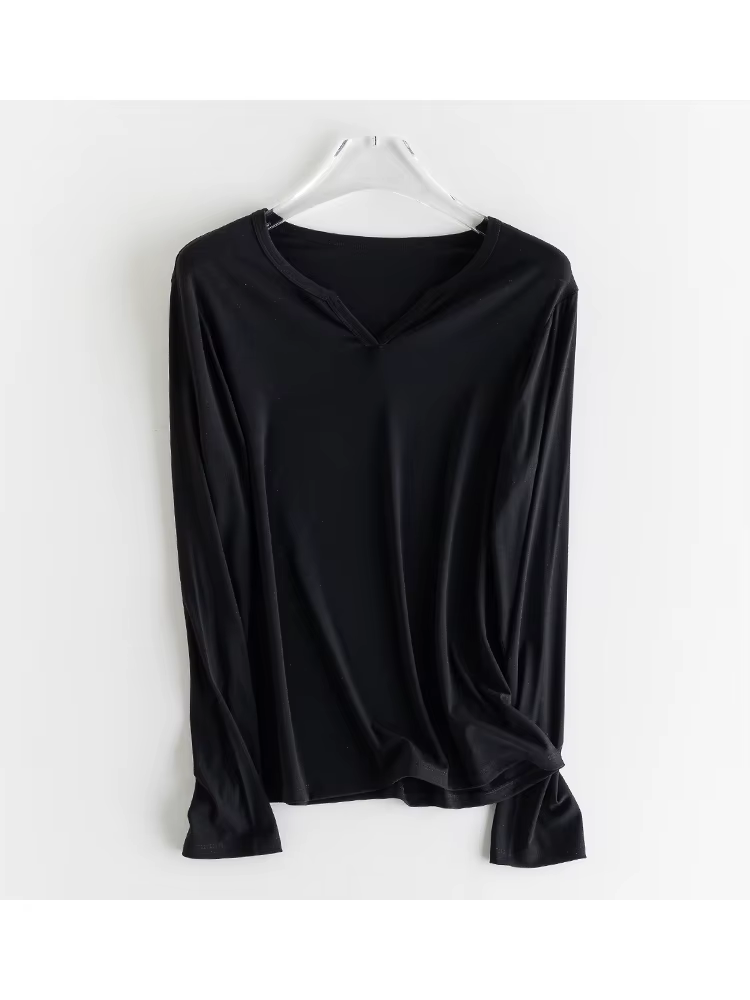 SuyaDream T-shirt uni pour femme, mélange de viscose de soie, col en V, chemise chic à manches longu