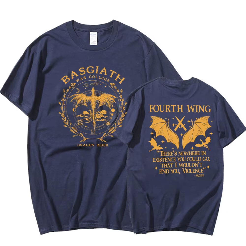 Basgiath War College T-Shirt imprimé sur 2 côtés Chemise à quatre ailes Dragon Rider Tee Violet Sorr