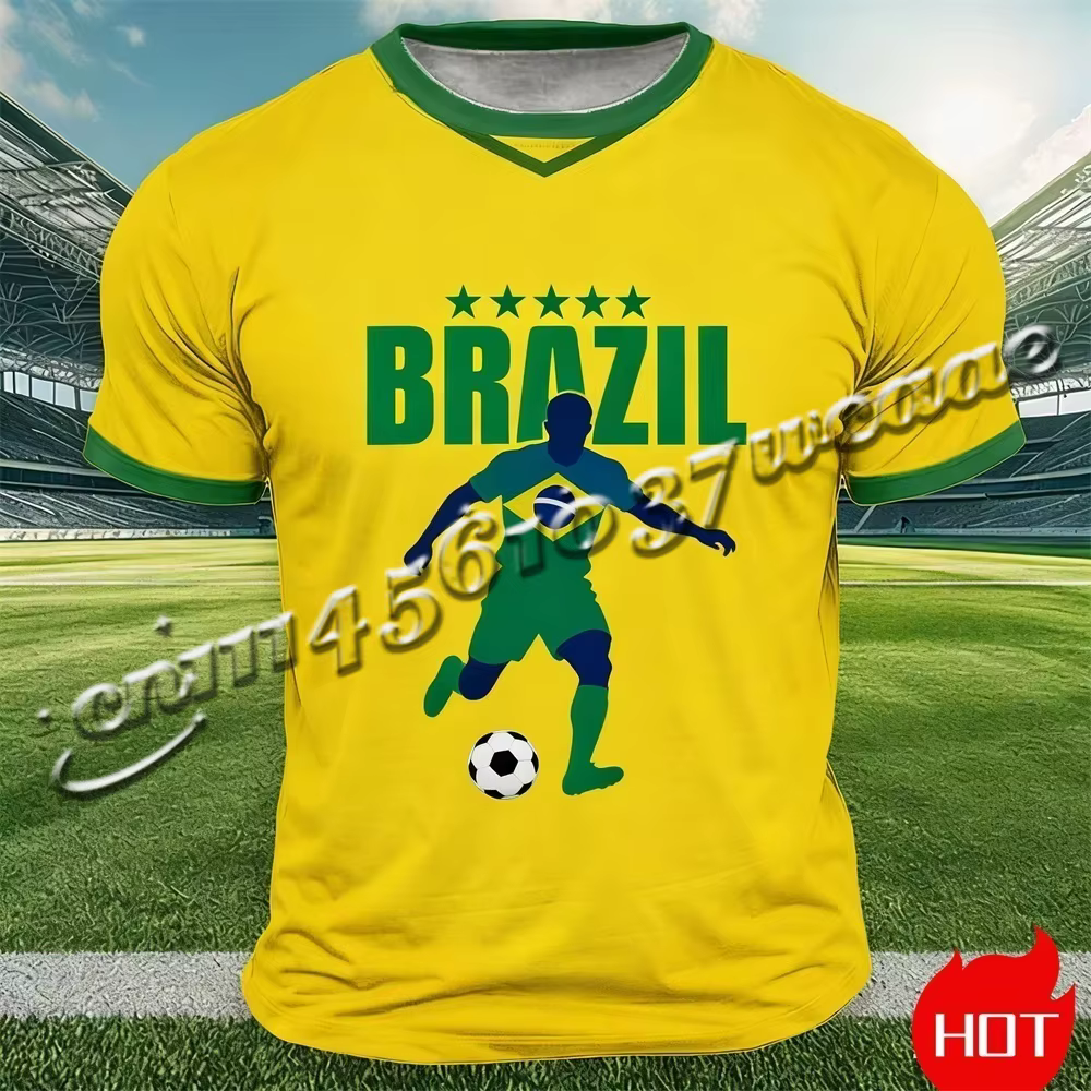 T-shirt imprimé drapeau du Brésil 2026 pour hommes, col rond, coupe ample, pour sports de plein air,