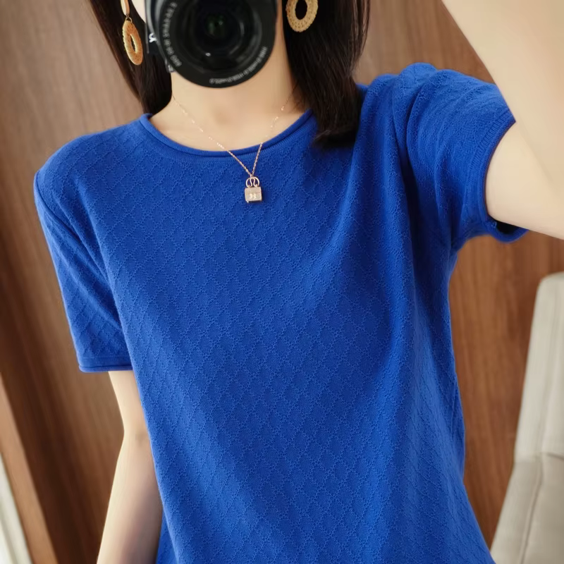 T-shirt femme printemps/été 100% coton pull à manches courtes décontracté roulé col rond dames hauts