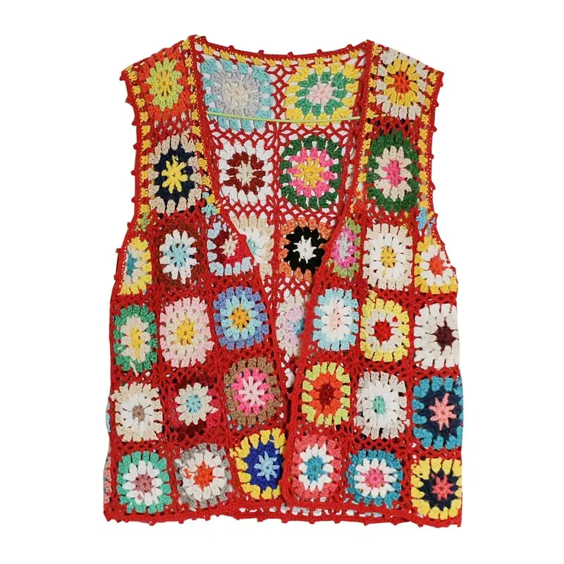 Haut court en maille pour femmes, style Boho, reines, Hippie, arc-en-ciel, ajouré, sans manches, ave