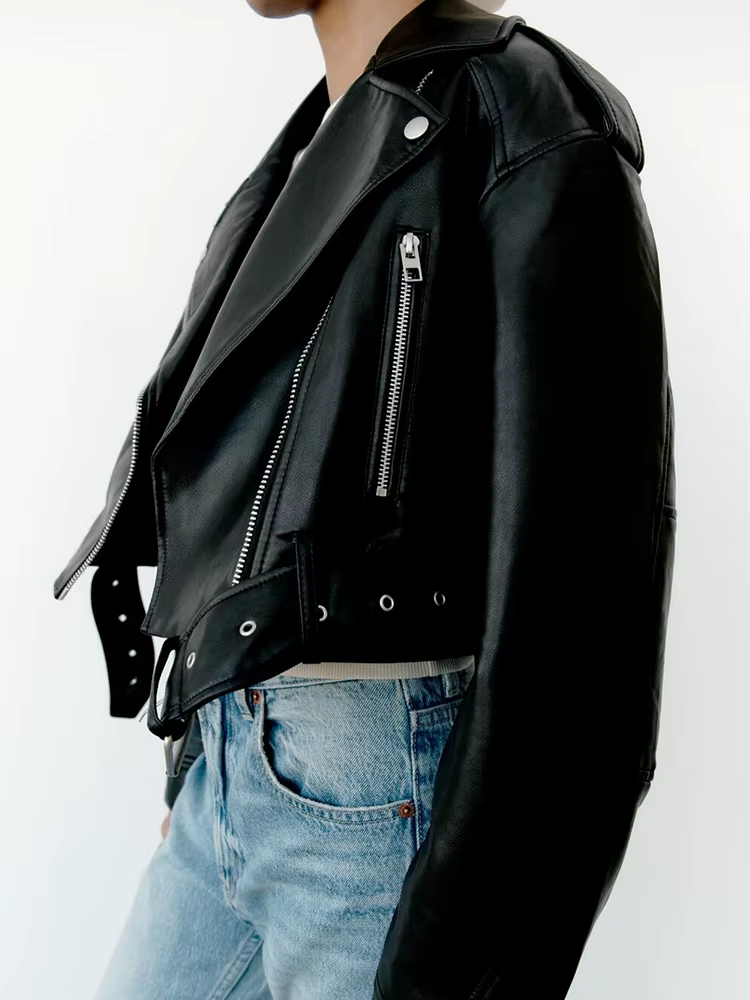 Ailegogo printemps automne femmes Faux cuir Pu veste courte avec ceinture moto motard femme fermetur