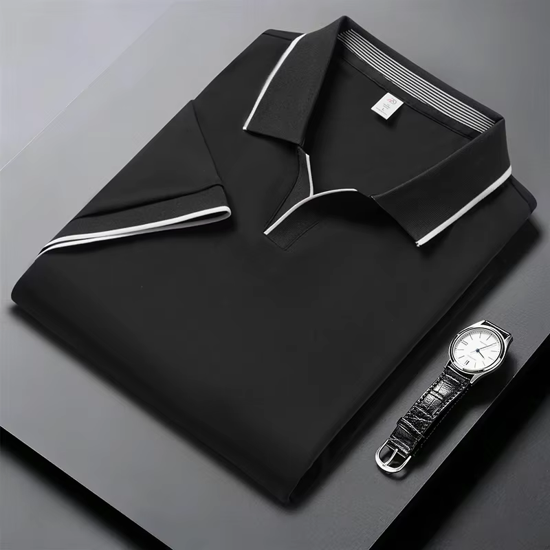 Polo à revers infroissable pour homme, col contrastant, bordure en piping, tissu extensible doux en 