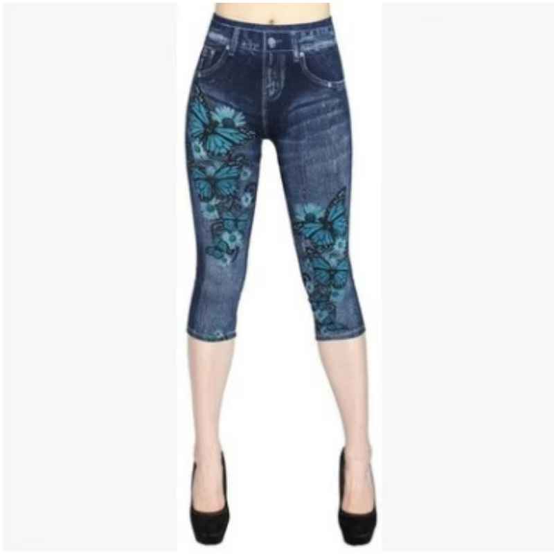 Femmes imprimer Imitation Denim Leggings maigre extensible pantacourt en plein air Jogging marche mo