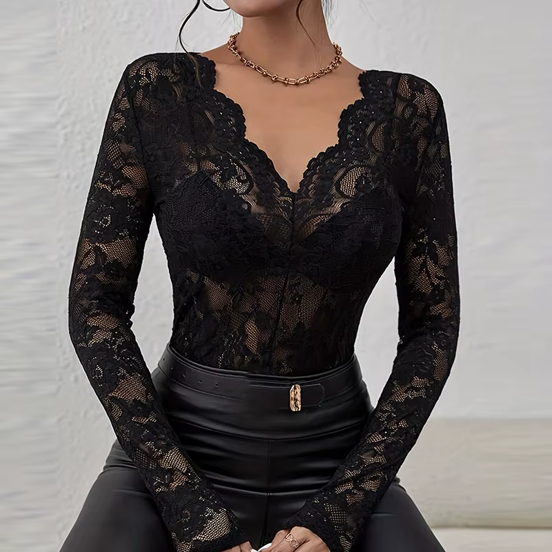Sexy dentelle t-shirt femmes élégant col en V mince hauts femme mode solide à manches longues chemis
