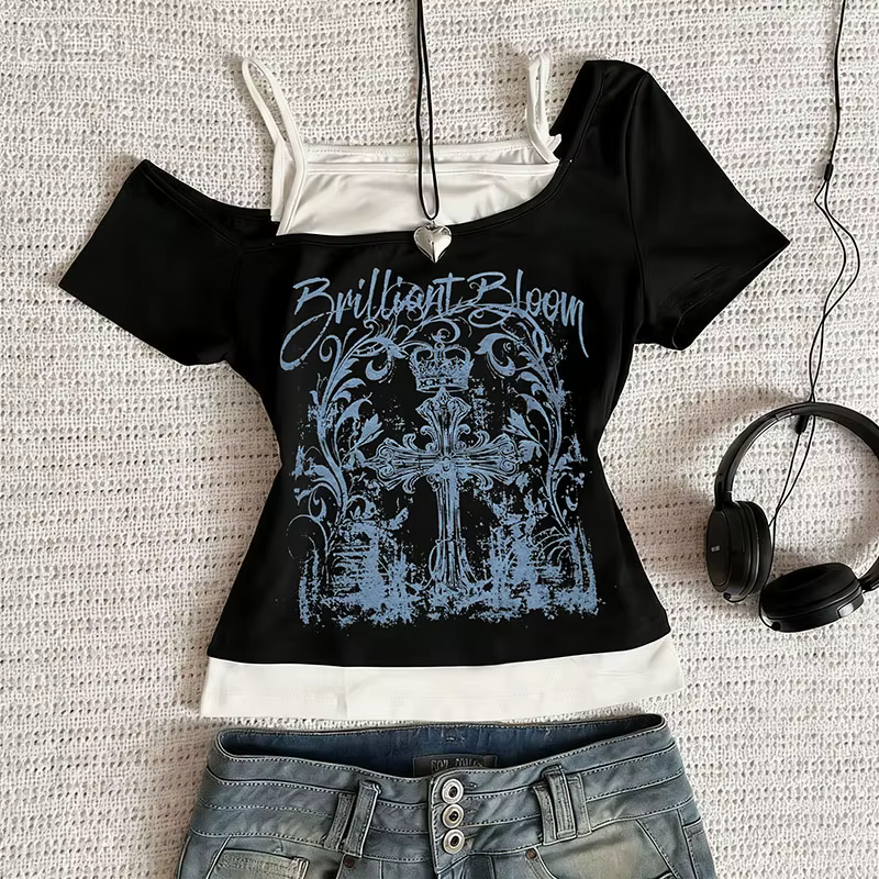 T-shirt femme noir Y2K, hauts imprimés, t-shirts graphiques anime, Harajuku, sexy, Kawaii, Emo, Grun