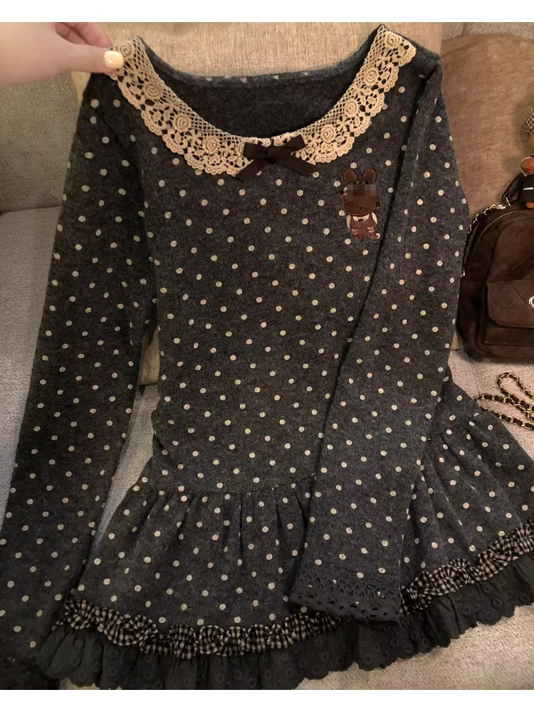T-shirts japonais Kawaii Lolita pour femmes, style vintage, dentelle douce, volants, broderie de des
