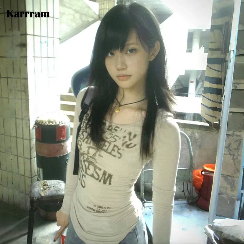 T-shirt à manches longues avec lettre imprimée japonaise, Streetwear rétro américain, Style des anné