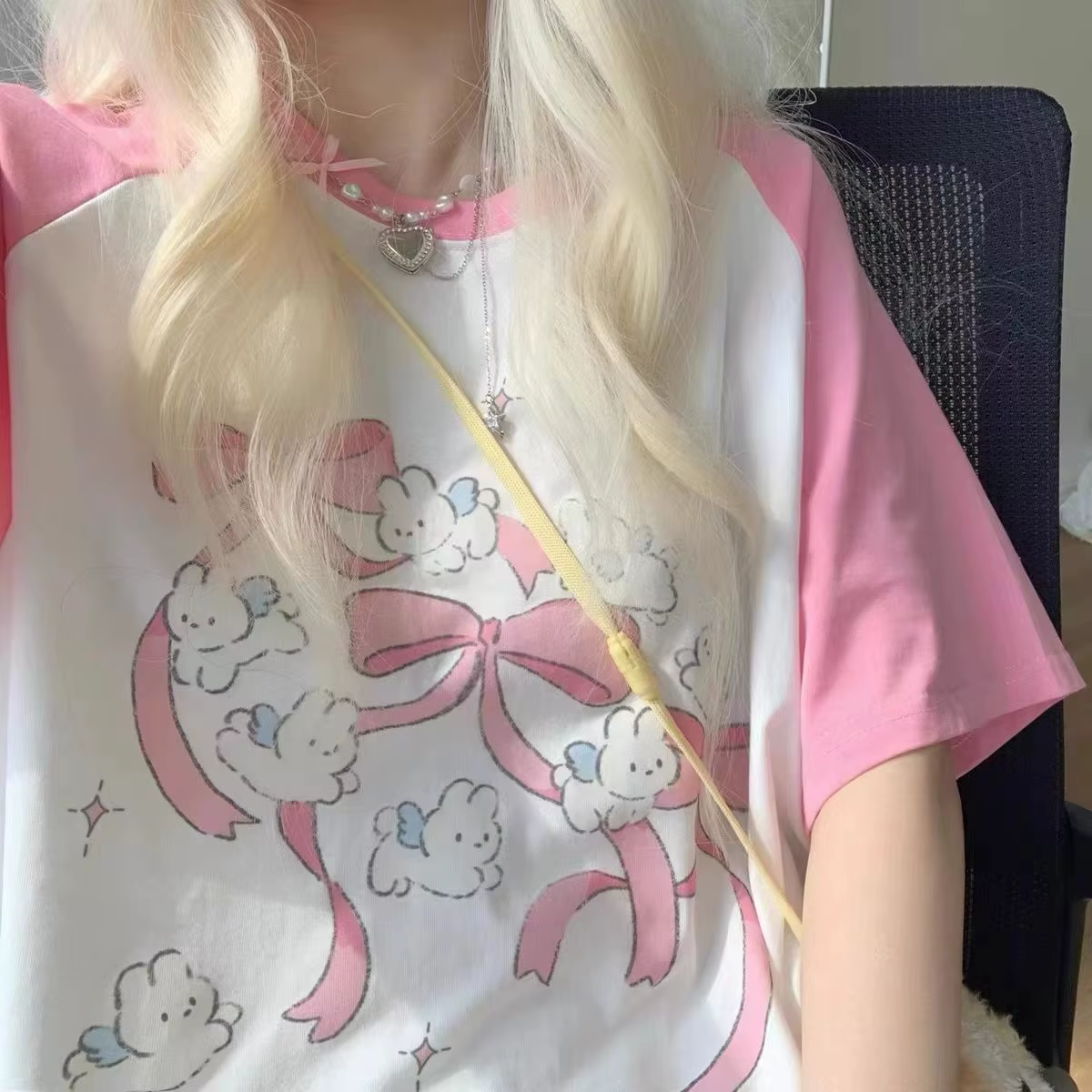 Kawaii rose t-shirts femmes japonais Y2k Style doux fille dessin animé t-shirts mignon nœud imprimé 