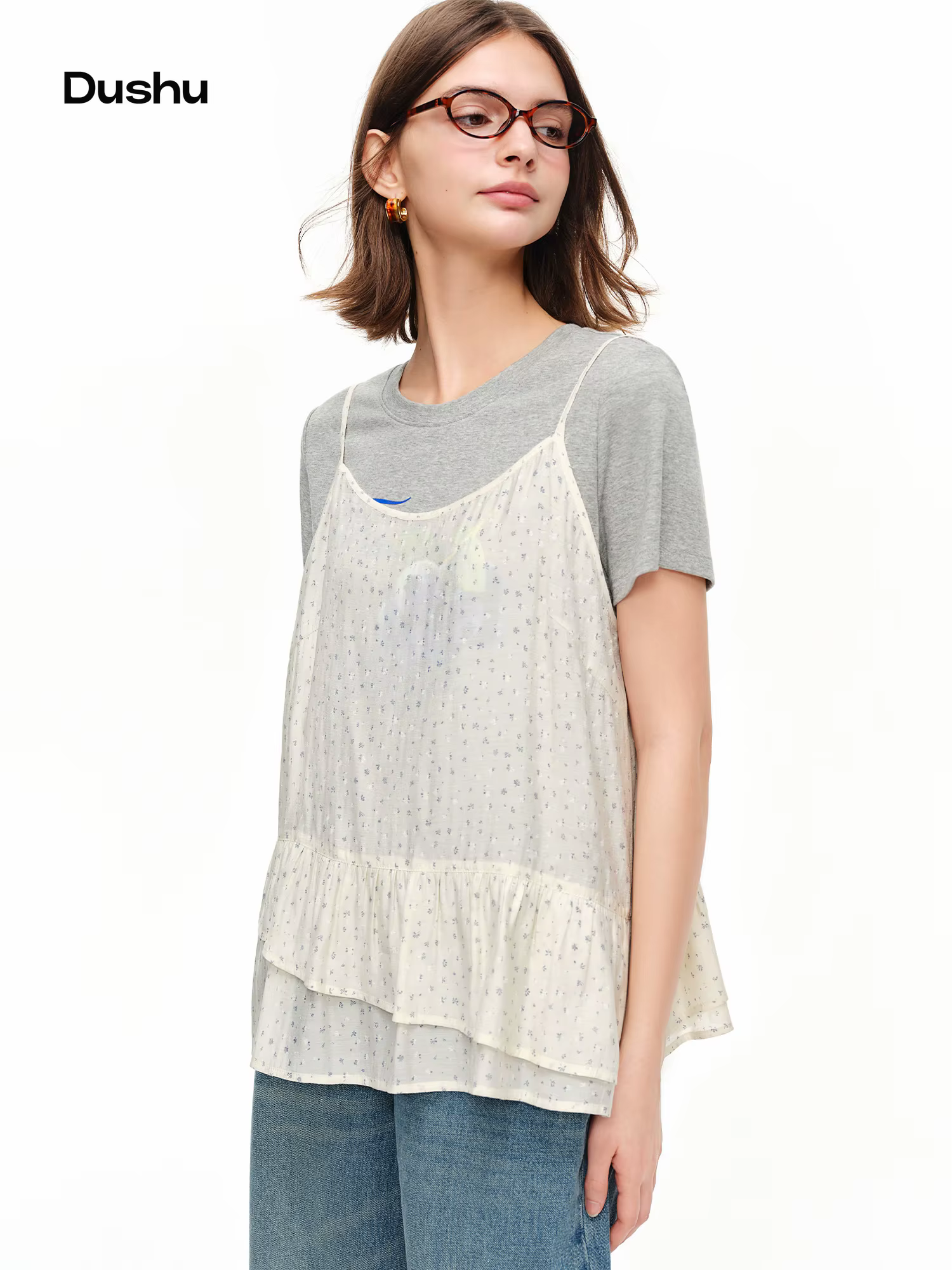 DUSHU Haut cache-cœur floral style coréen bleu clair, nouvelle collection été 2026, superposé, épaul