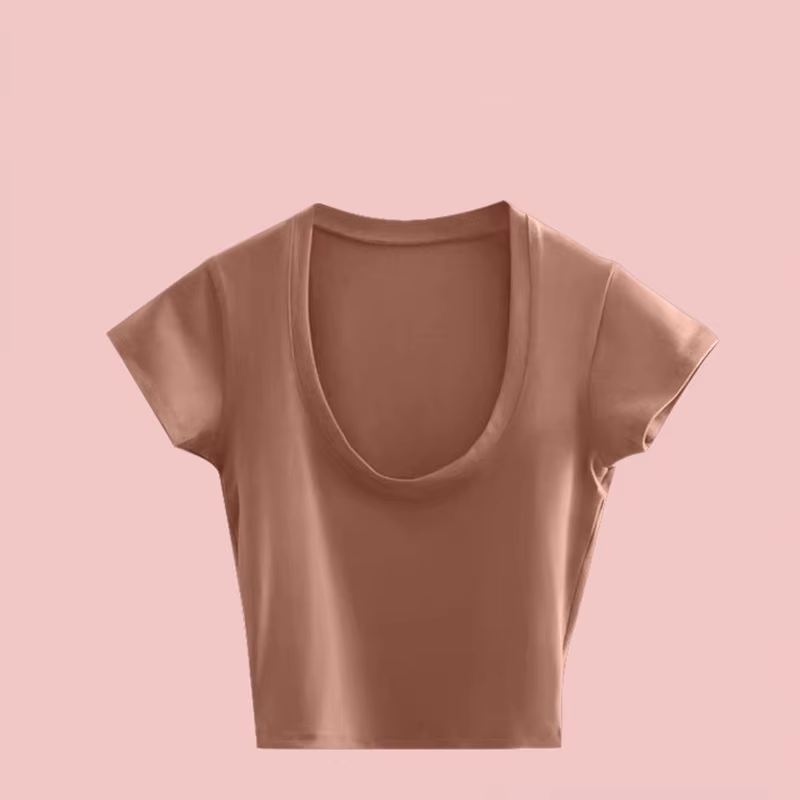 T-shirt slim d'été pour femme, sexy, à manches courtes, col en U, gris, basique uni, noir/blanc, cro