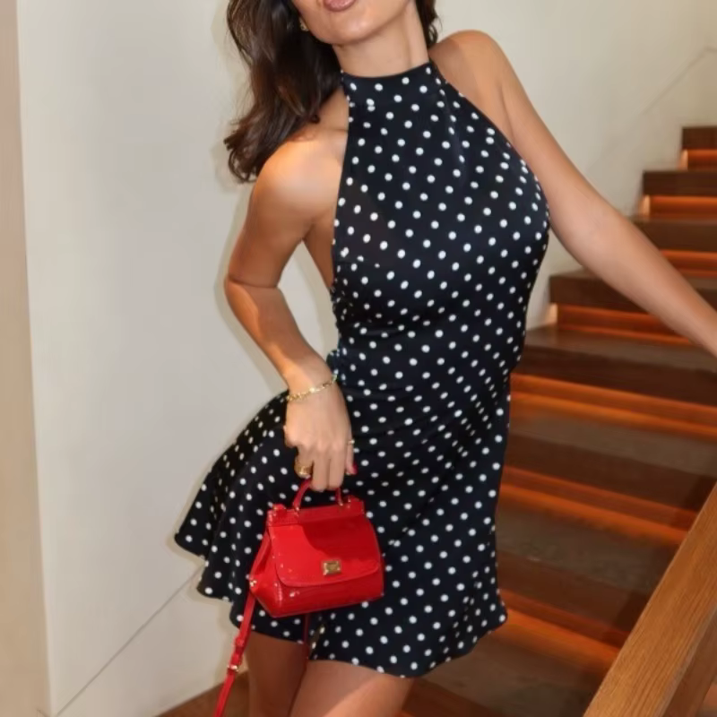 Robes Halter à Pois Imprimés pour Femmes – Tendance, Sexy, Streetwear, Dos Nu, Sans Manches, Col Ron