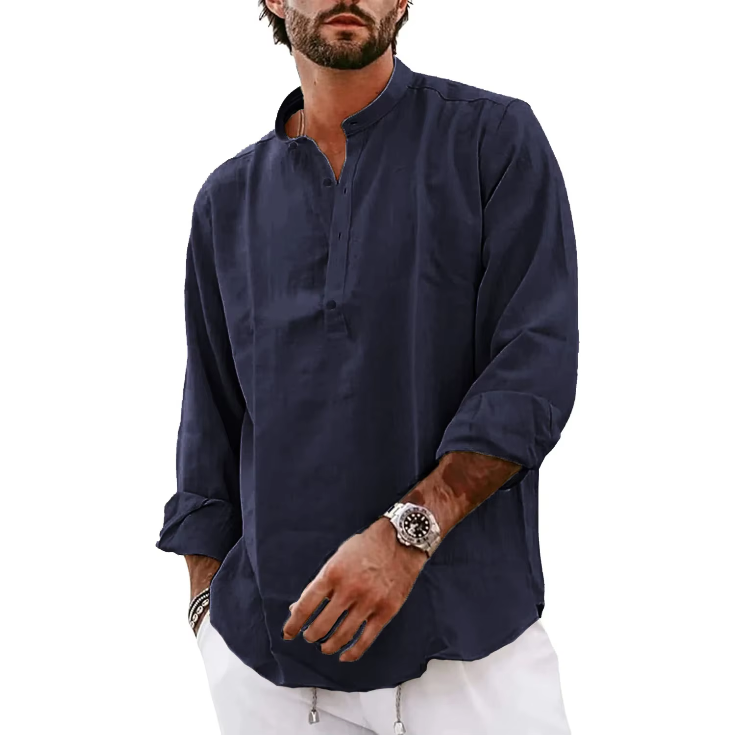 Nouveaux hommes à manches longues coton T-Shirts léger Streetwear Henley chemises en lin pour hommes
