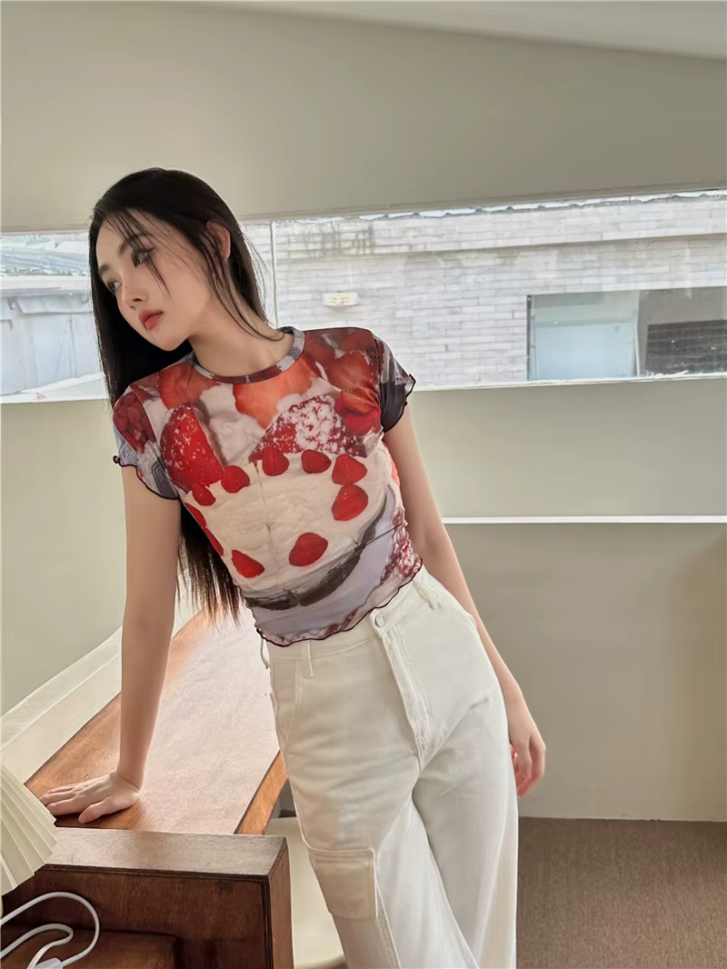 Contest ERART-T-shirt graphique de fruits pour femmes, haut court en maille à volants, t-shirts tran