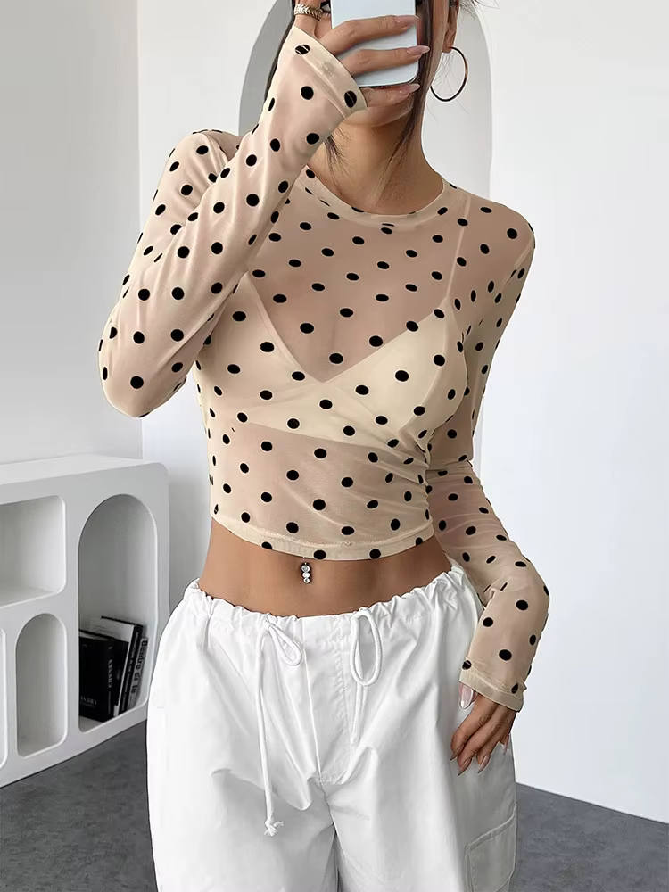 Femmes à pois à manches longues hauts en maille Sexy voir à travers des chemisiers transparents chem