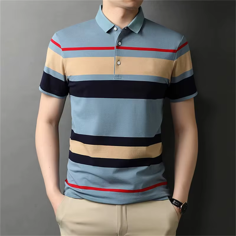 Casual Luxury Polo Shirt For Men Summer Stripped Short Sleeve Golf Shirt Tops New In Men's Fashion B