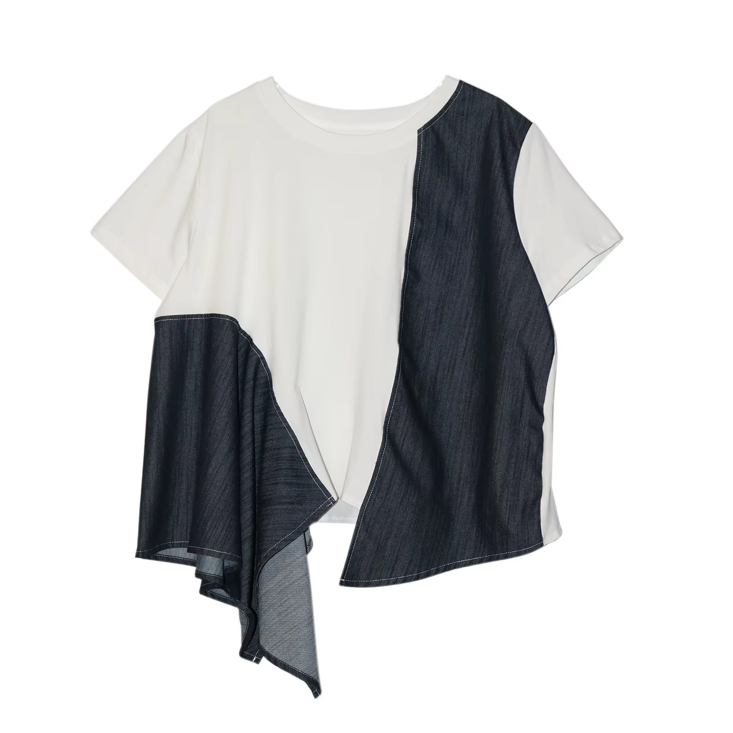 T-shirt décontracté à manches courtes, style jean déchiré, patchwork créatif, version coréenne, mode