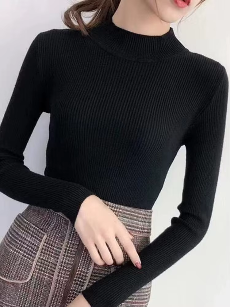 Automne hiver col montant femmes pull Vintage basique solide tricoté hauts décontracté mince pull co