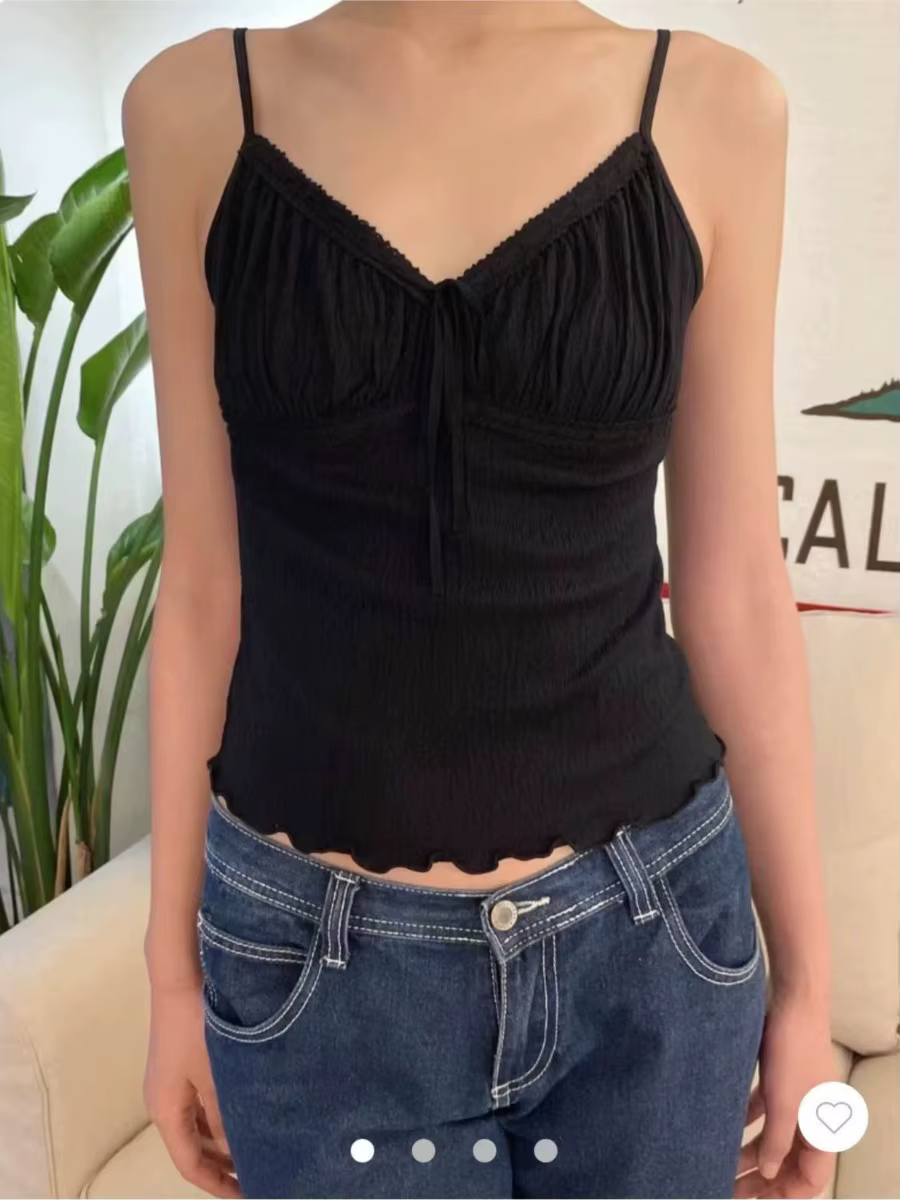 Débardeurs gris plissés à lacets et col en V pour femme – Style décontracté d'été en coton, coupe aj