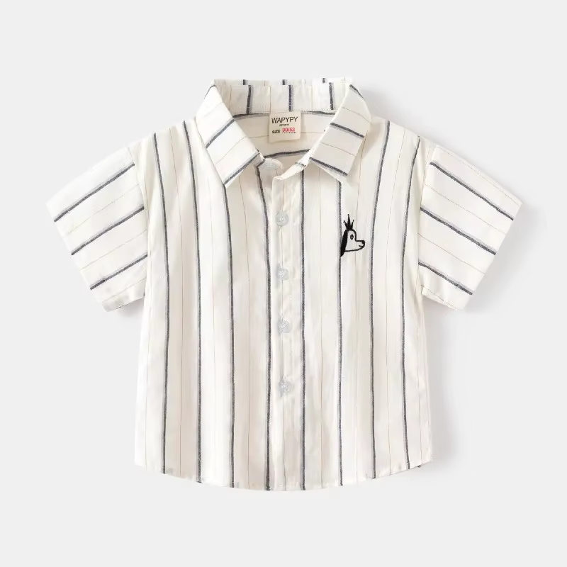Chemise à manches courtes pour garçon, nouvelle collection été 2025, style coréen, rayée et brodée, 