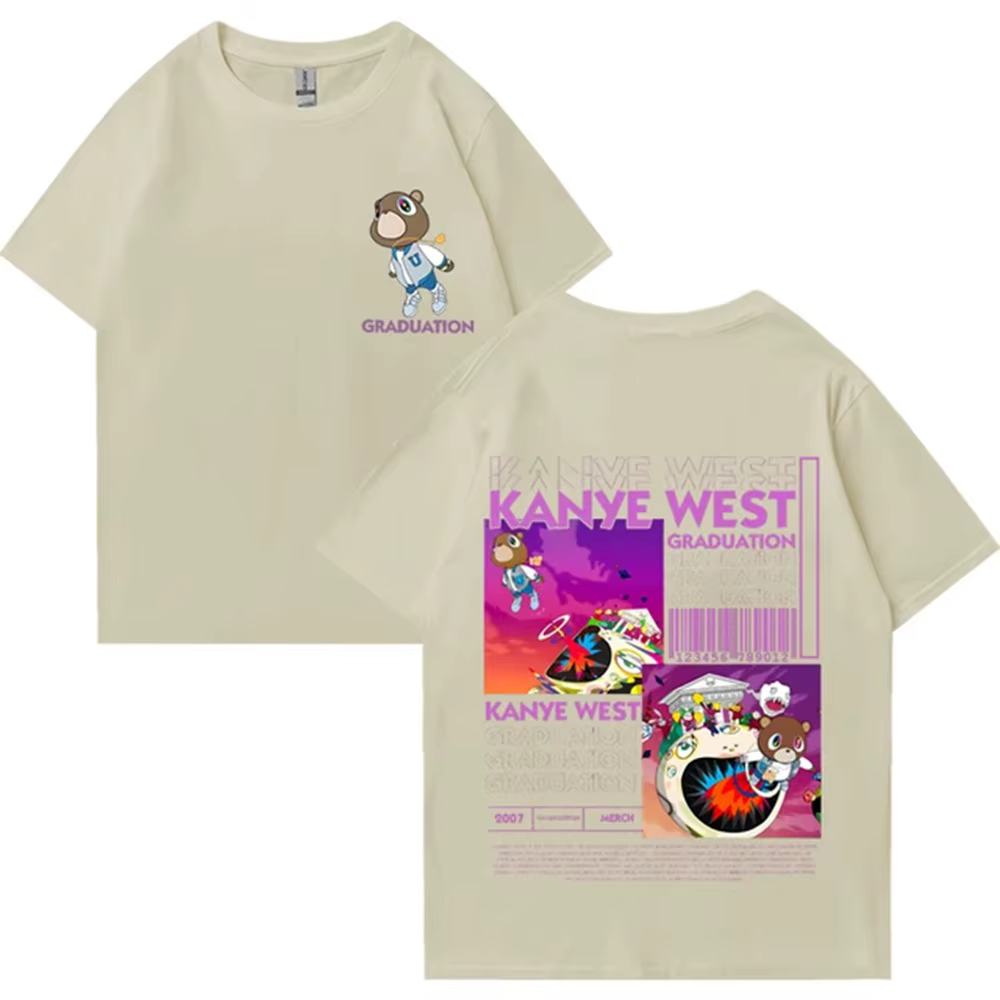 Kanye West Graduation Bear Double face imprimé t-shirt hommes femmes mode Hip Hop dessus frais à man