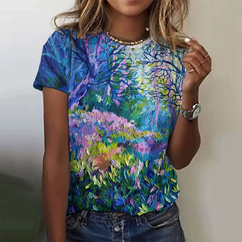 Arbres fleurs motif t-shirt pour femmes océan soleil 3D imprimé manches courtes T-Shirts été décontr