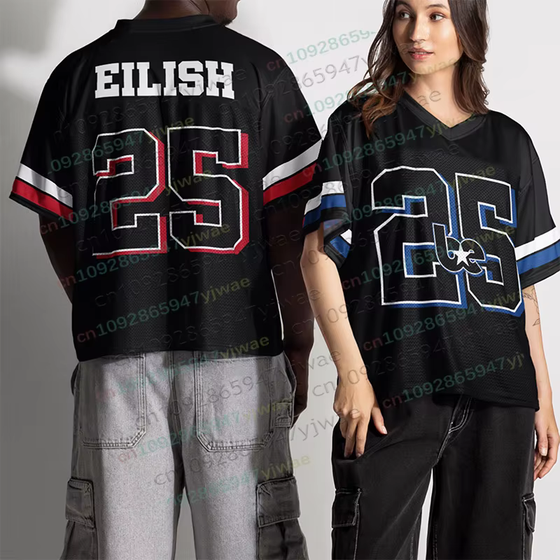 T-shirt col en v pour hommes et femmes Eilish No.25 surdimensionné à la mode Style sportif été à man