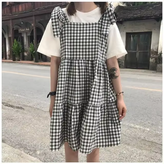 FIBRfur s-Robe plissée à carreaux pour femmes, col rond, nœud, mi-longue, douce, décontractée, compr