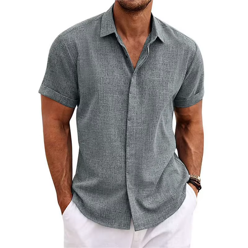 Chemise décontractée ample pour homme 2026, couleur unie, manches courtes, en coton et lin, chemise 