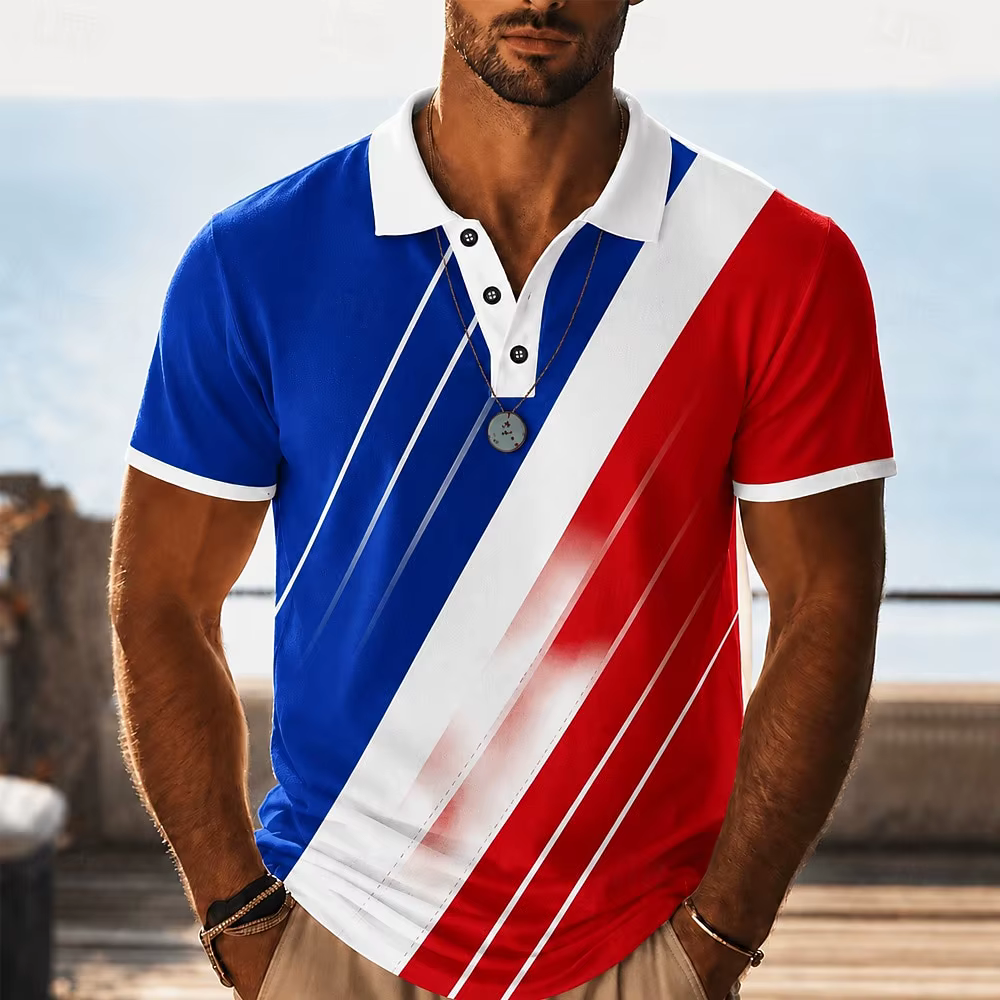Polo pour homme à imprimé color block rouge, blanc et bleu, hauts décontractés pour le printemps et 