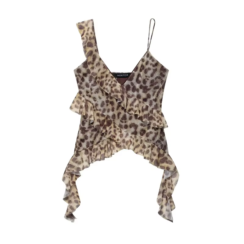 MUJER imprimé léopard haut à volants femmes Sexy dos nu Tulle hauts pour femme Camisole hauts sans m
