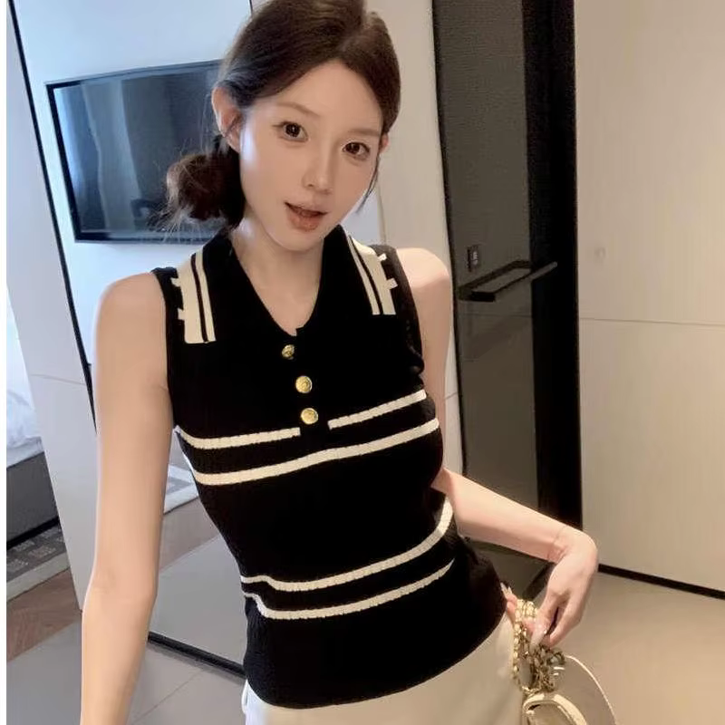 Débardeur côtelé tricoté sexy pour femme, style polo, basique d'été, coupe ajustée, à rayures, décon