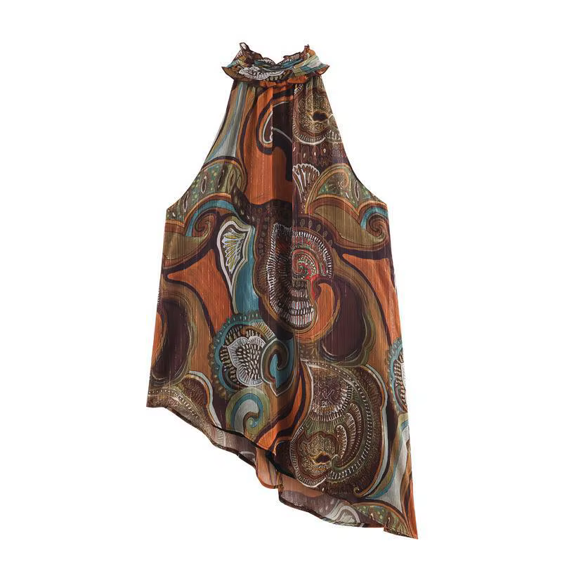 Haut asymétrique imprimé sexy, coupe courte, tendance streetwear, design dos nu, en tissu polyester,
